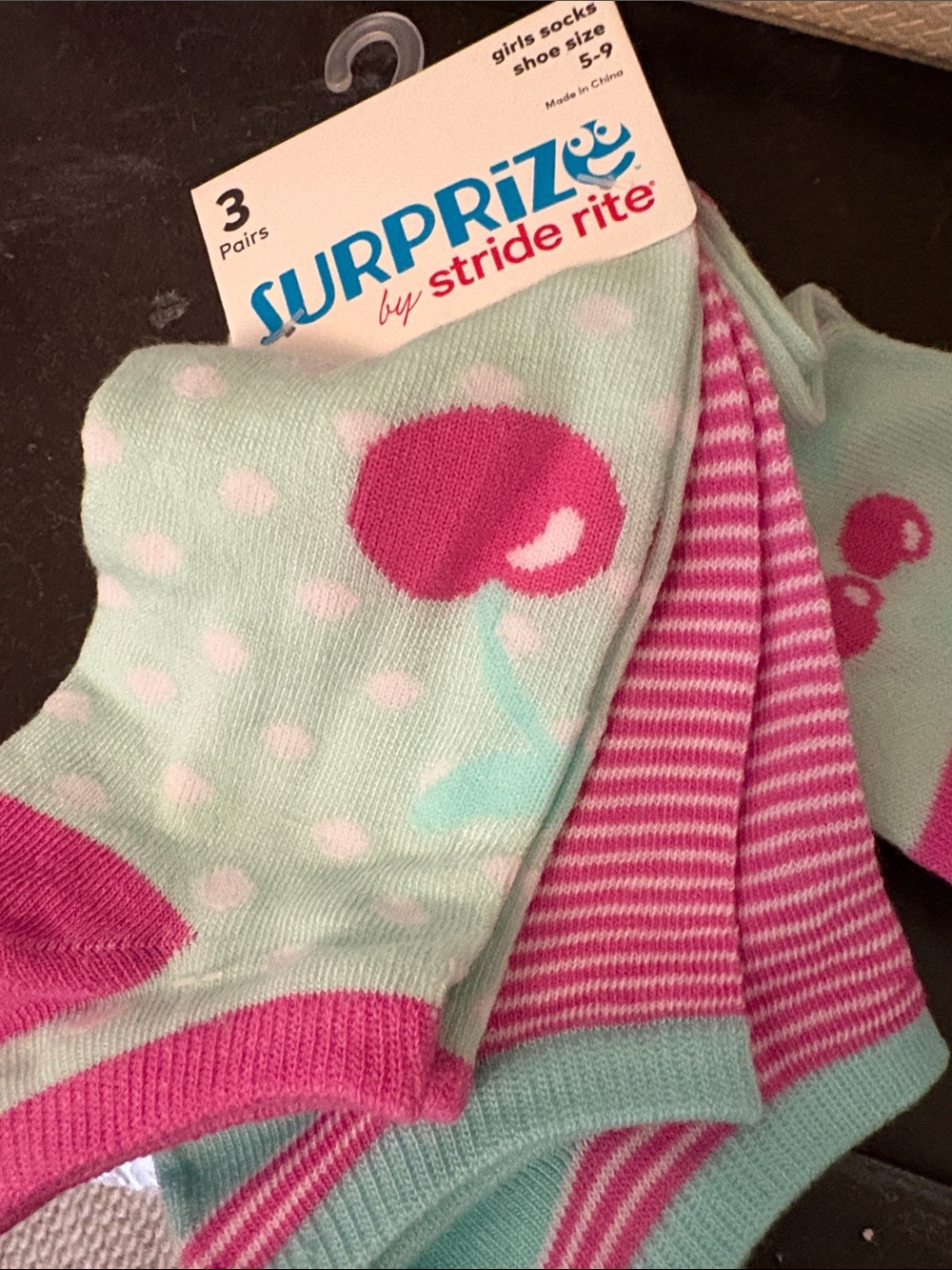 Stride Rite Cherry Dots  Pink & Teal  No-Show Socks Pink Heart Cherry 3 pairs